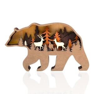 Layered Wooden Bear Decor with Floral Cutouts | 7.1 in Wall or Shelf Accent